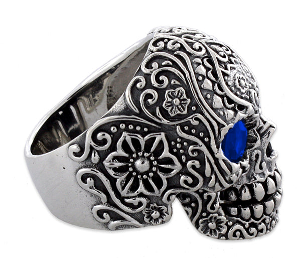 Sterling Garden Skull Ring Blue CZ Eyes – Badass Jewelry