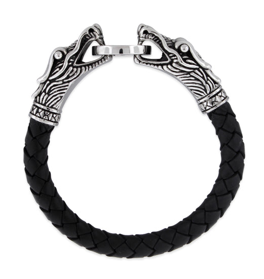 Men's Sterling Silver and Leather Dragon Bracelet - Dragon Pattern